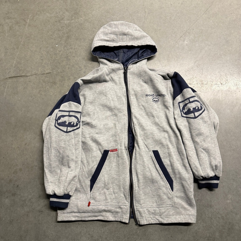 Ecko Unltd Mens Vintage Y2K Rhino Logo Zip Up Hoodie‎ Gray Navy Streetwear XL